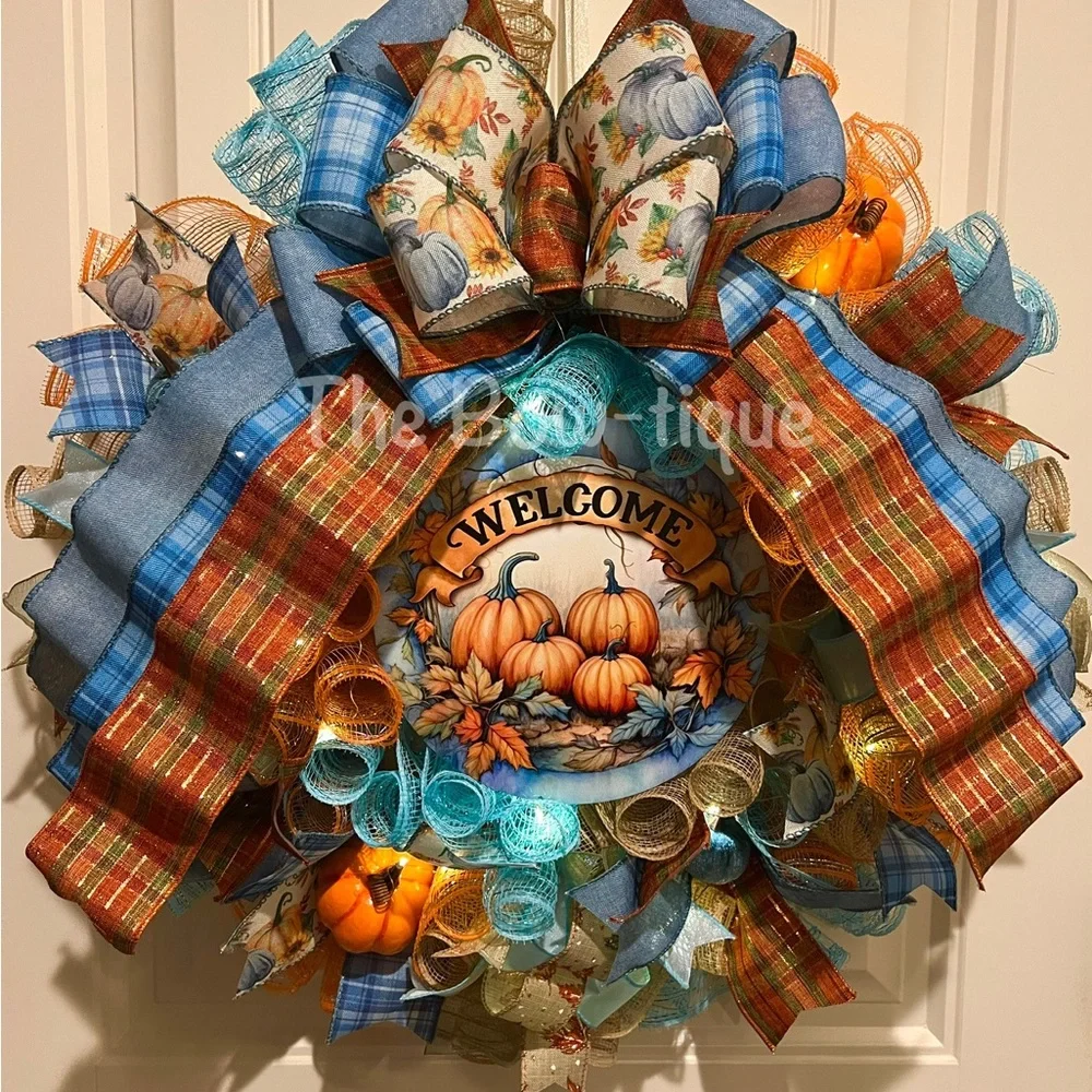 Handmade Fall Autumn Blue Thanksgiving Ribbon Welcome Door Wreath Leaf 22 in LED